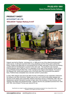 PRODUCT SHEET ACCUCRAFT UK LTD ‘DOLGOCH’ Talyllyn Railway 0-4-0T