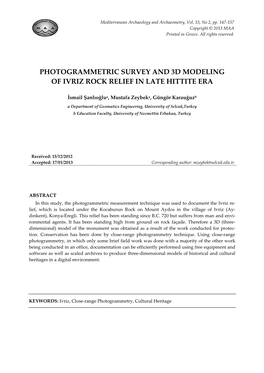 Photogrammetric Survey and 3D Modeling of Ivriz Rock Relief in Late Hittite Era