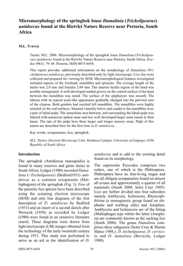 Micromorphology of the Springbok Louse Damalinia (Tricholipeurus) Antidorcus Found at the Rietvlei Nature Reserve Near Pretoria, South Africa