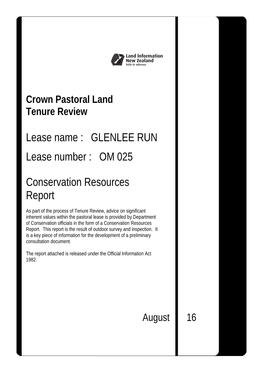 GLENLEE RUN Lease Number : OM 025 Conservation Resources Report