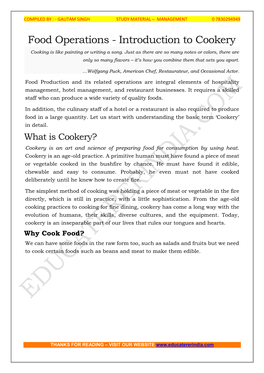 Food Operations - Introduction to Cookery Cooking Is Like Painting Or Writing a Song