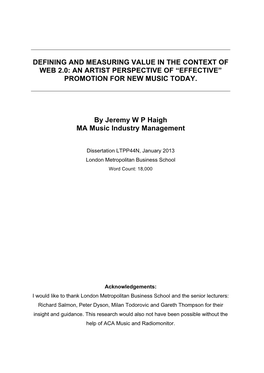 Defining and Measuring Value in the Context of Web 2.0: an Artist Perspective of “Effective” Promotion for New Music Today