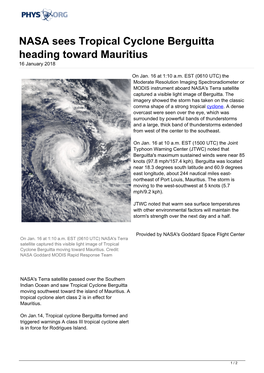 NASA Sees Tropical Cyclone Berguitta Heading Toward Mauritius 16 January 2018