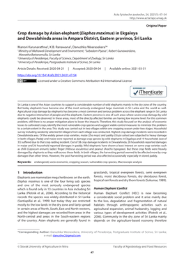 Crop Damage by Asian Elephant (Elephas Maximus) in Ekgaloya and Dewalahinda Areas in Ampara District, Eastern Province, Sri Lanka