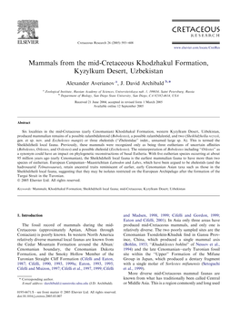 Mammals from the Mid-Cretaceous Khodzhakul Formation, Kyzylkum Desert, Uzbekistan