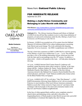 News From: Oakland Public Library for IMMEDIATE RELEASE