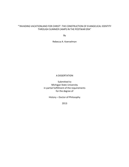 'Invading Vacationland for Christ': the Construction of Evangelical Identity Through Summer Camps in the Postwar