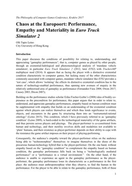 Performance, Empathy and Materiality in Euro Truck Simulator 2 Olli Tapio Leino City University of Hong Kong