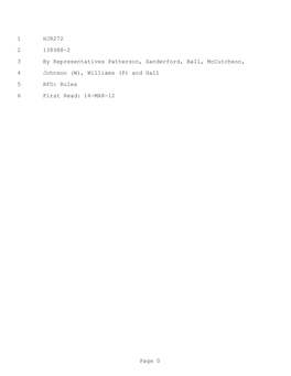 1 HJR272 2 138988-2 3 by Representatives Patterson, Sanderford, Ball, Mccutcheon, 4 Johnson (W), Williams (P) and Hall 5 RFD: Rules 6 First Read: 14-MAR-12