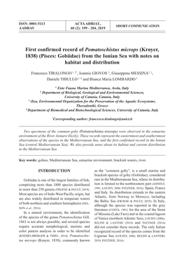 First Confirmed Record of Pomatoschistus Microps (Krøyer, 1838) (Pisces: Gobiidae) from the Ionian Sea with Notes on Habitat and Distribution