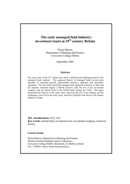 The Early Managed Fund Industry: Investment Trusts in 19 Century Britain