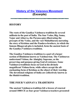 History of the Vaiṣṇava Movement (Excerpts)