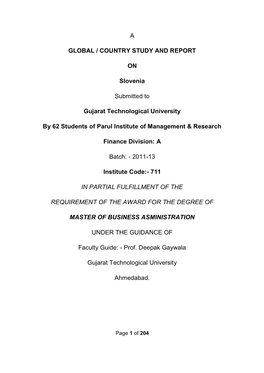 A GLOBAL / COUNTRY STUDY and REPORT on Slovenia Submitted to Gujarat Technological University by 62 Students of Parul Institute