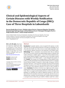 Clinical and Epidemiological Aspects of Certain Diseases with Weekly Notification in the Democratic Republic of Congo (DRC): Case of Three Hospitals in Lubumbashi