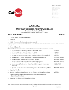 AGENDA PENINSULA CORRIDOR JOINT POWERS BOARD Bacciocco Auditorium, 2Nd Floor 1250 San Carlos Avenue, San Carlos CA 94070 July 11, 2019 – Thursday 10:00 Am