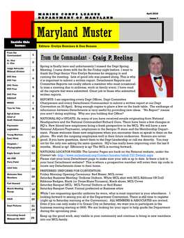 April 2016 DEPARTMENT of MARYLAND Issue 7 Maryland Muster Inside This Issue: Editors- Evelyn Remines & Don Benson