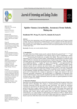 Spider Fauna (Arachnida, Araneae) from Sabah, © 2014 JEZS Received: 23-09-2014 Malaysia Accepted: 21-10-2014
