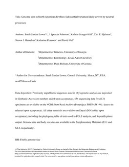 Genome Size in North American Fireflies: Substantial Variation Likely Driven by Neutral Processes
