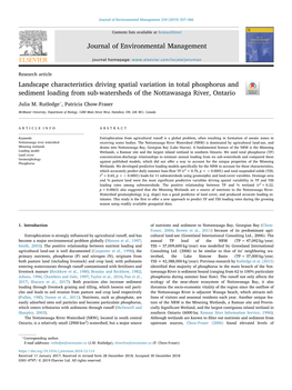 Landscape Characteristics Driving Spatial Variation in Total Phosphorus and Sediment Loading from Sub-Watersheds of the Nottawasaga River, Ontario T