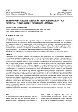 Zhvillimi I Mitit Të Gjuhës Në Letërsinë Shqipe Të Shekujve Xvi – Xvii the Myth of the Language in the Albanian Literature