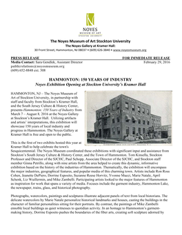 HAMMONTON: 150 YEARS of INDUSTRY Noyes Exhibition Opening at Stockton University’S Kramer Hall