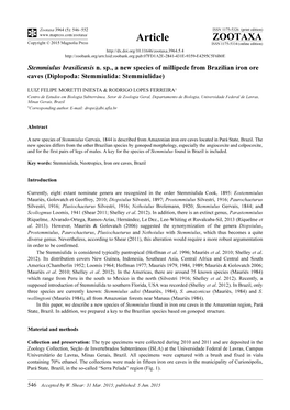 Stemmiulus Brasiliensis N. Sp., a New Species of Millipede from Brazilian Iron Ore Caves (Diplopoda: Stemmiulida: Stemmiulidae)