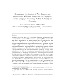 Geographical Localization of Web Domains and Organization Addresses Recognition by Employing Natural Language Processing, Pattern Matching and Clustering