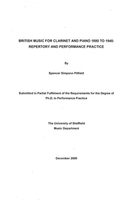 British Music for Clarinet and Piano 1880 to 1945: Repertory and Performance Practice