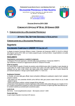 Segreteria CALENDARIO CAMPIONATO UNDER 15 CALCIO a 5