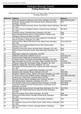 Darlington Borough Council Polling Station List