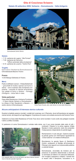 Gita Di Coscienza Svizzera Sabato 26 Settembre 2009; Verbania – Domodossola – Valle Antigorio