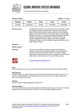 FULL ACCOUNT FOR: Orthezia Insignis Global Invasive Species Database (GISD) 2021. Species Profile Orthezia Insignis. Available F