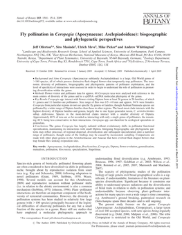 Fly Pollination in Ceropegia (Apocynaceae: Asclepiadoideae): Biogeographic and Phylogenetic Perspectives