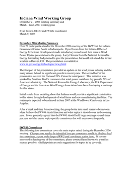 Indiana Wind Working Group December 21, 2006 Meeting Summary and March – June, 2007 Working Plan