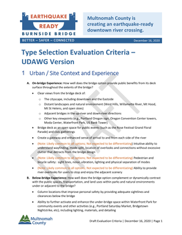 Type Selection Evaluation Criteria – UDAWG Version 1 Urban / Site Context and Experience