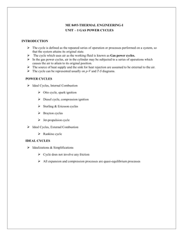 Me 8493-Thermal Engineering-I Unit – 1 Gas Power Cycles