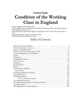 Condition of the Working Class in England