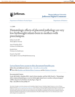 Hematologic Effects of Placental Pathology on Very Low Birthweight Infants Born to Mothers with Preeclampsia