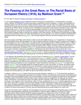 The Passing of the Great Race; Or the Racial Basis of European History (1916), by Madison Grant [1]