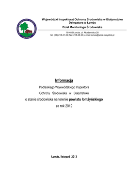 Informacja Podlaskiego Wojewódzkiego Inspektora Ochrony Środowiska W Białymstoku O Stanie Środowiska Na Terenie Powiatu Łomżyńskiego Za Rok 2012