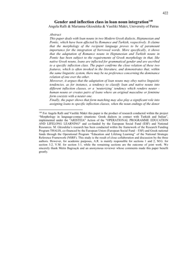 Gender and Inflection Class in Loan Noun Integration140 Angela Ralli & Marianna Gkiouleka & Vasiliki Makri, University of Patras