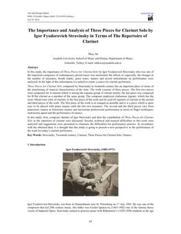 The Importance and Analysis of Three Pieces for Clarinet Solo by Igor Fyodorovich Stravinsky in Terms of the Repertoire of Clarinet