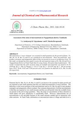 Assessment of the Status of Micronutrients in Nagapattinam District, Tamilnadu