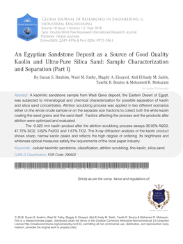 An Egyptian Sandstone Deposit As a Source of Good Quality Kaolin and Ultra-Pure Silica Sand: Sample Characterization and Separation (Part I) by Suzan S