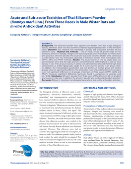 Acute and Sub-Acute Toxicities of Thai Silkworm Powder (Bombyx Mori Linn.) from Three Races in Male Wistar Rats and in Vitro Antioxidant Activities