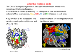 V25: the Histone Code the DNA of Eukaryotic Organisms Is Packaged Into Chromatin, Whose Basic Repeating Unit Is the Nucleosome