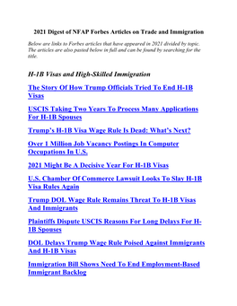 2021 Digest of NFAP Forbes Articles on Trade and Immigration