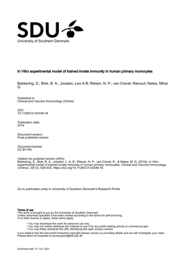 In Vitro Experimental Model of Trained Innate Immunity in Human Primary Monocytes