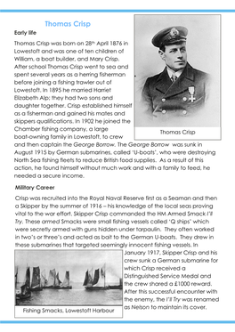 Thomas Crisp Early Life Thomas Crisp Was Born on 28Th April 1876 in Lowestoft and Was One of Ten Children of William, a Boat Builder, and Mary Crisp