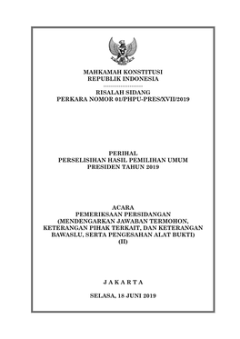 Risalah Sidang Perkara Nomor 01/Phpu-Pres/Xvii/2019